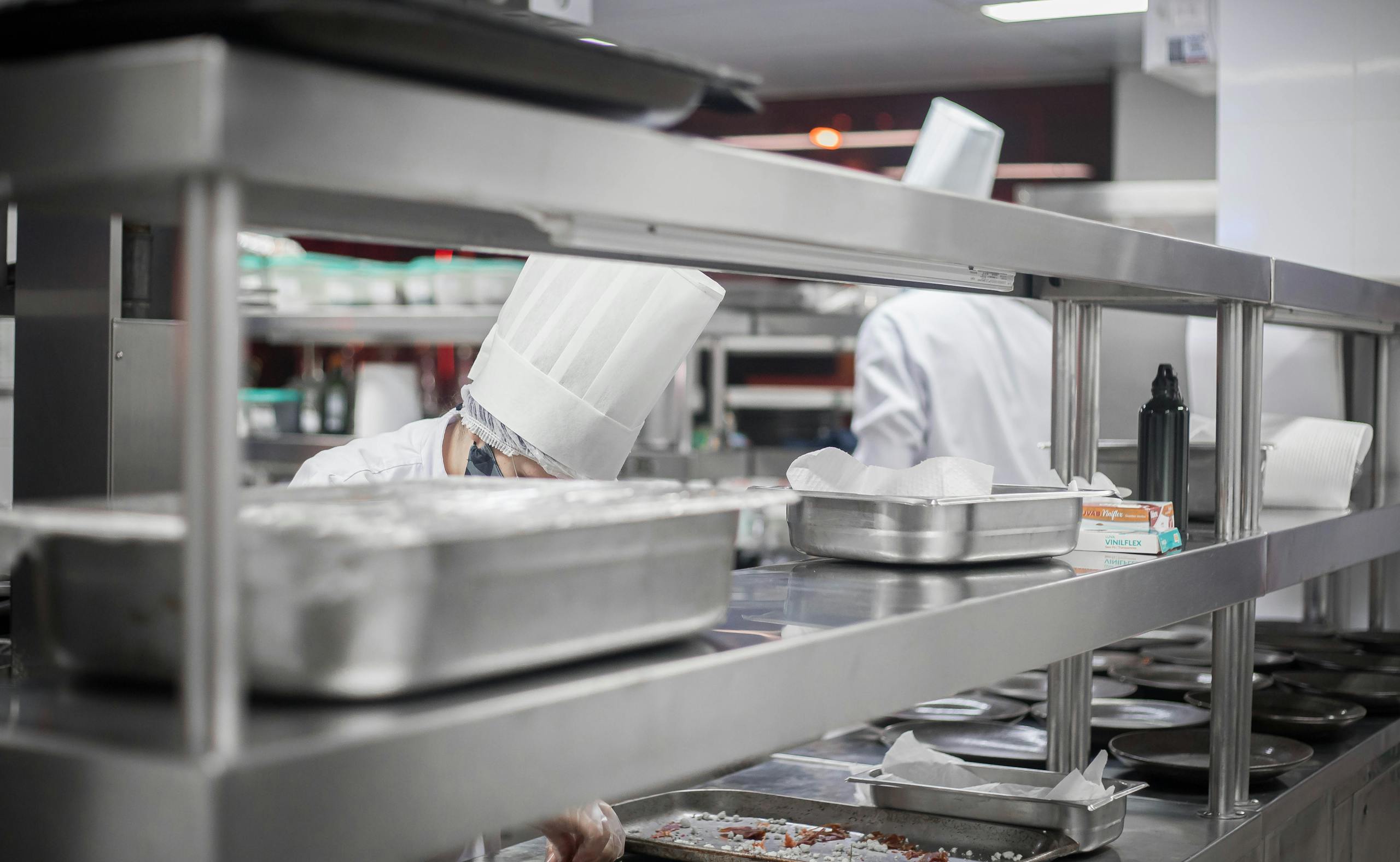 cockroach control restaurant Florida. Chefs working diligently in a modern stainless steel kitchen, preparing delicious dishes.